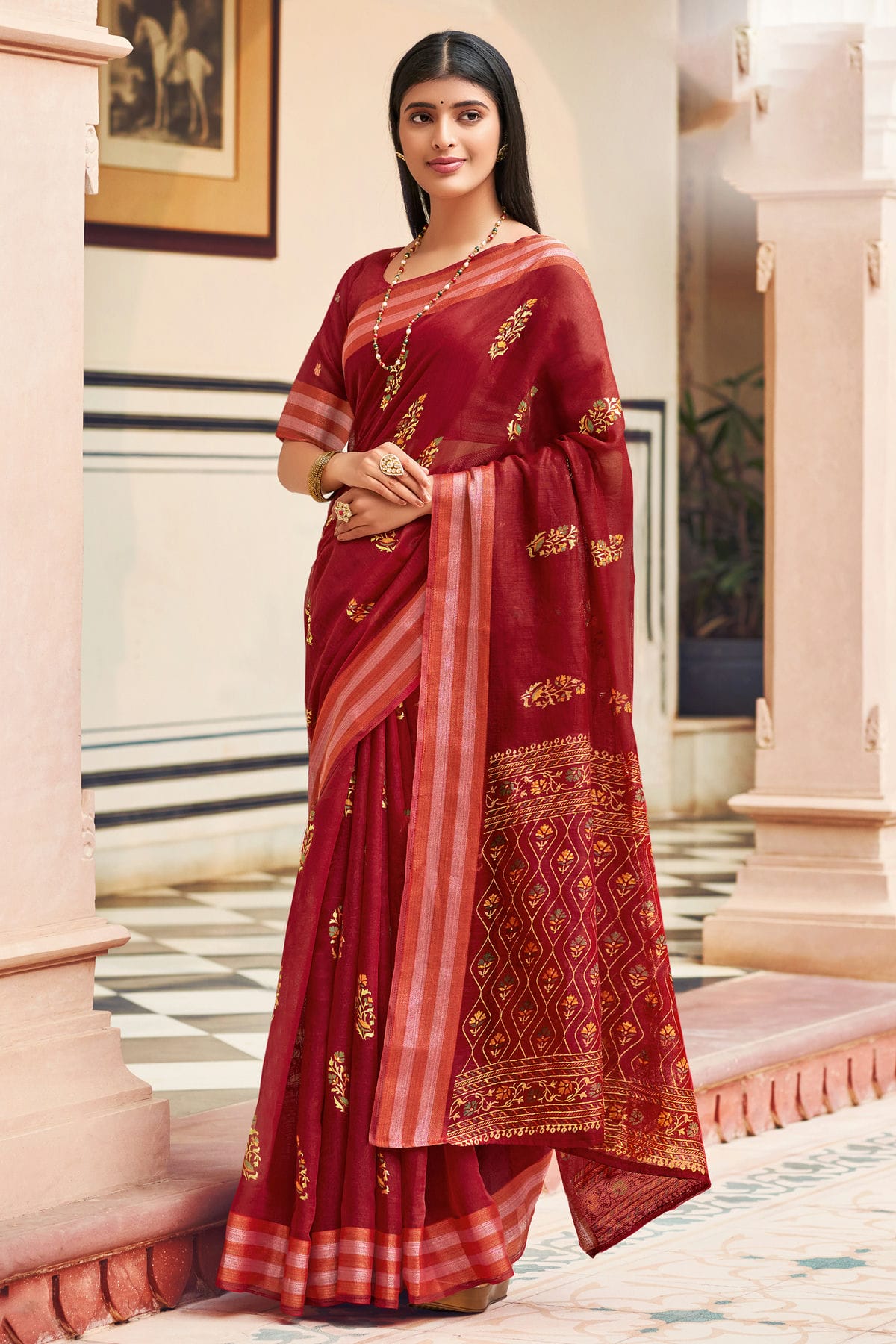 Maroon Colour Woven Work Chanderi Saree