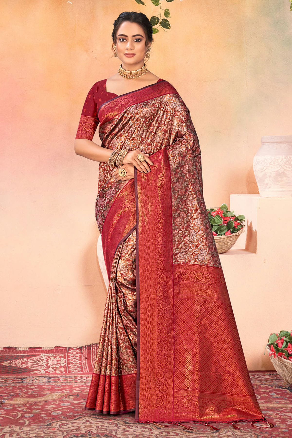 Maroon Colour Woven Work Kanjivaram Silk Saree