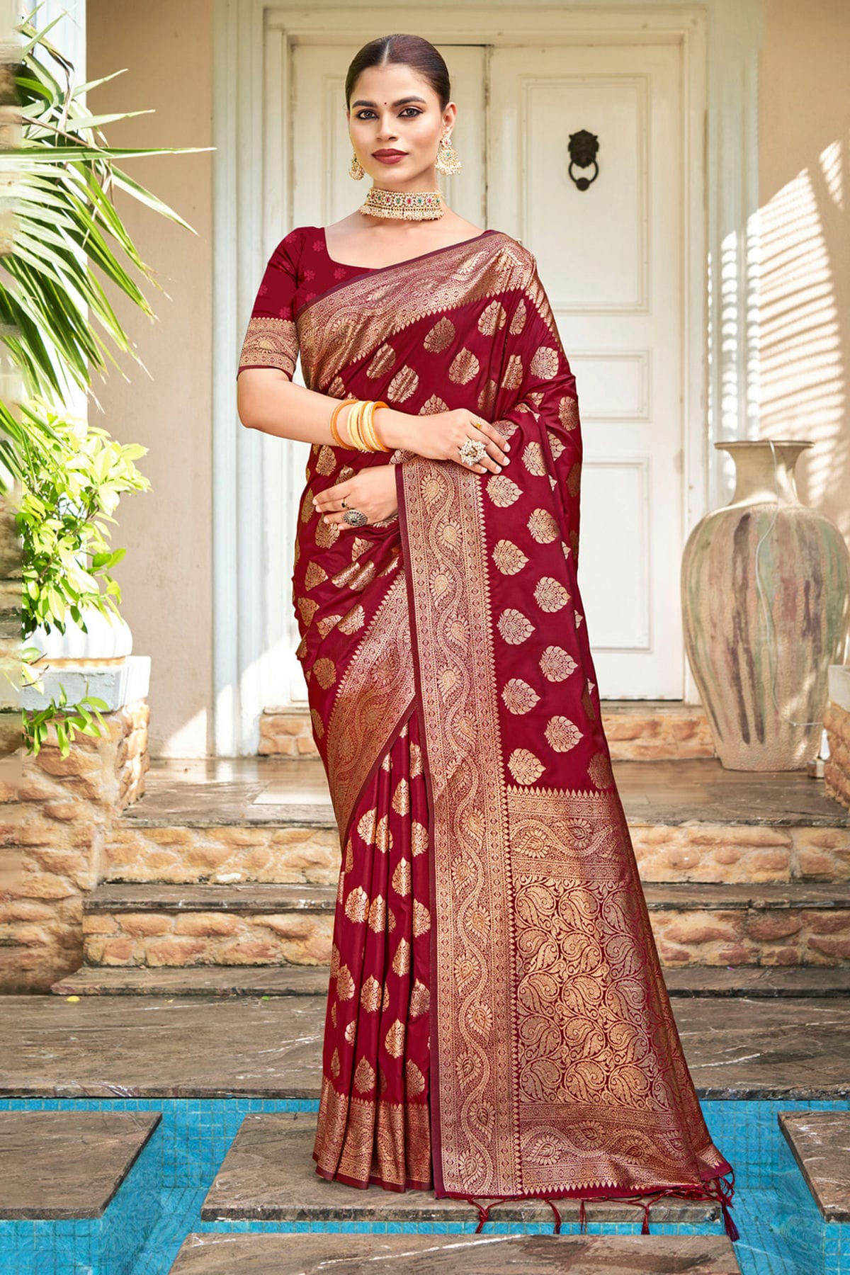 Maroon Colour Woven Work Silk Saree