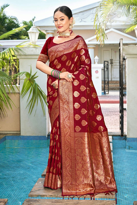 Maroon Colour Woven Work Silk Saree