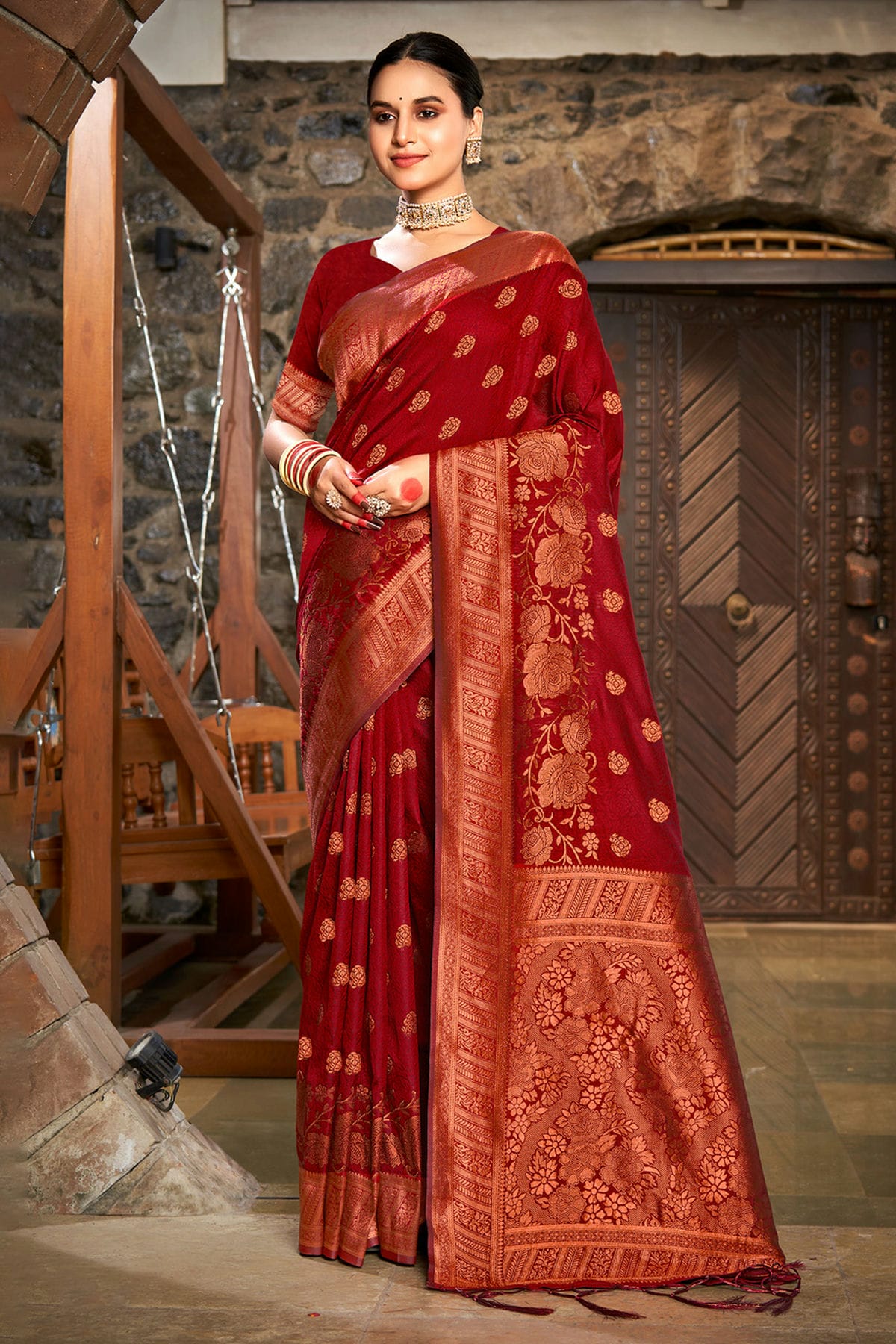 Maroon Colour Woven Work Silk Saree