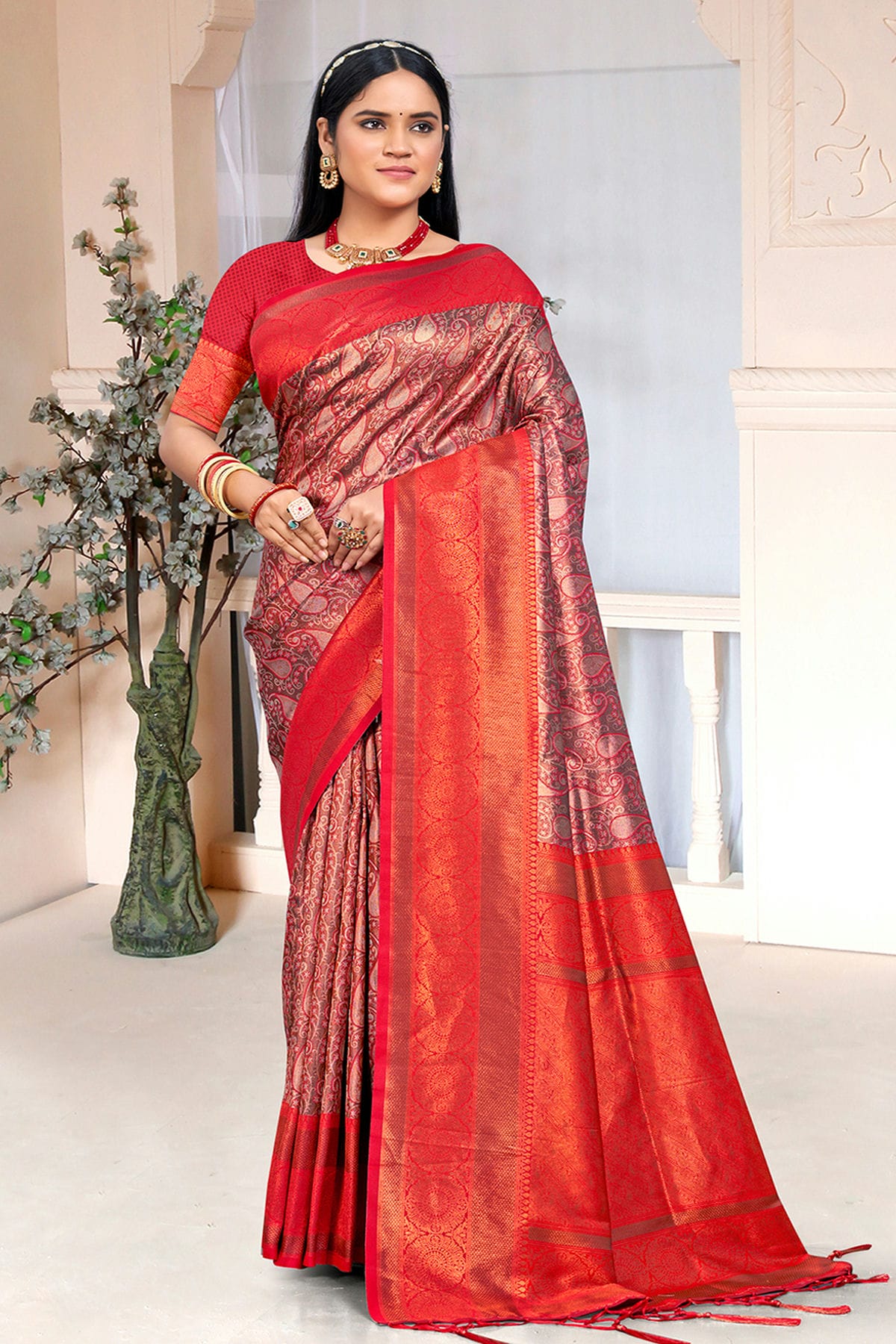 Maroon Colour Woven Work Silk Saree