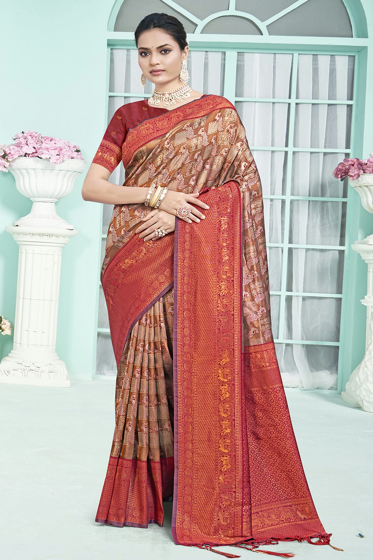 Maroon Colour Woven Work Silk Saree