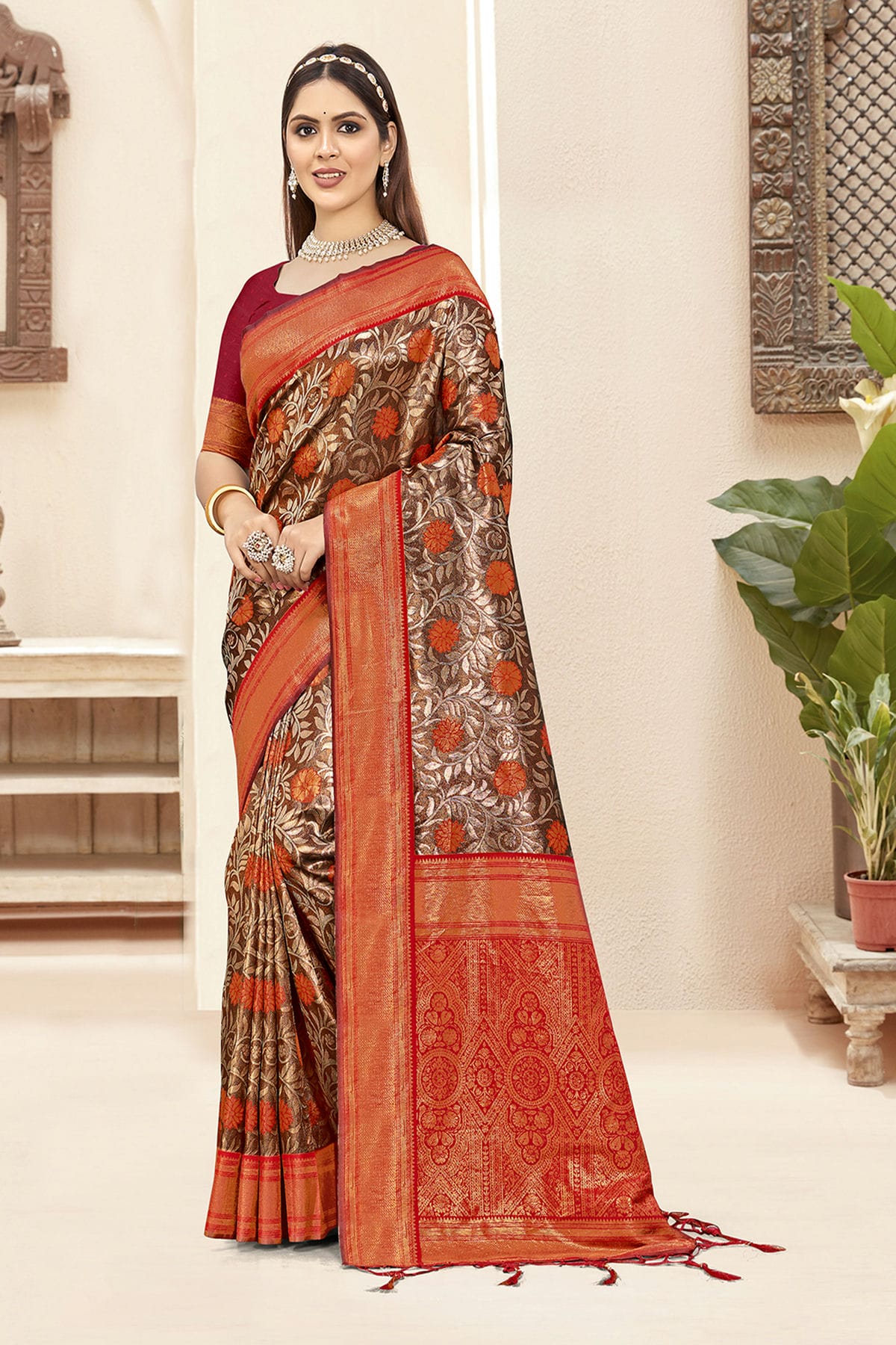 Maroon Colour Woven Work Silk Saree