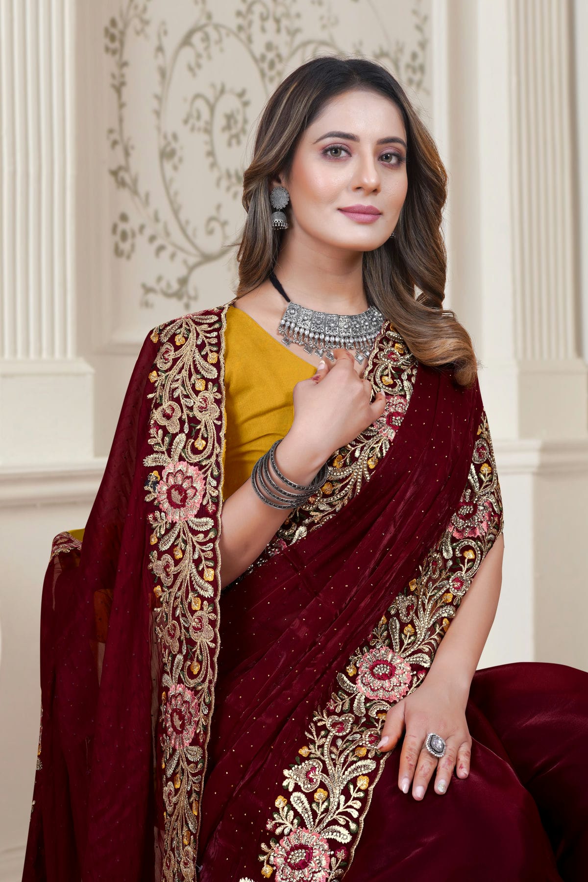 Maroon Colour Satin Silk Saree