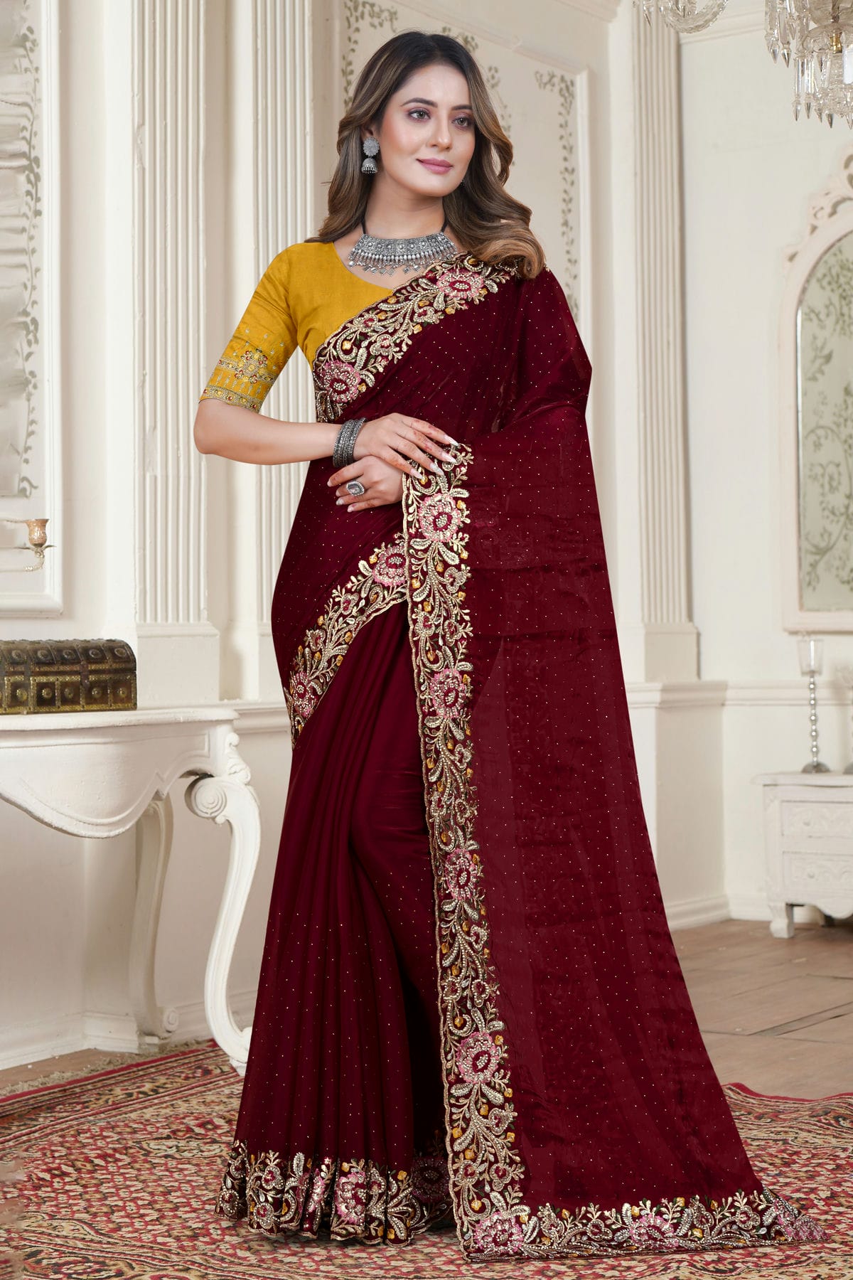 Maroon Colour Satin Silk Saree