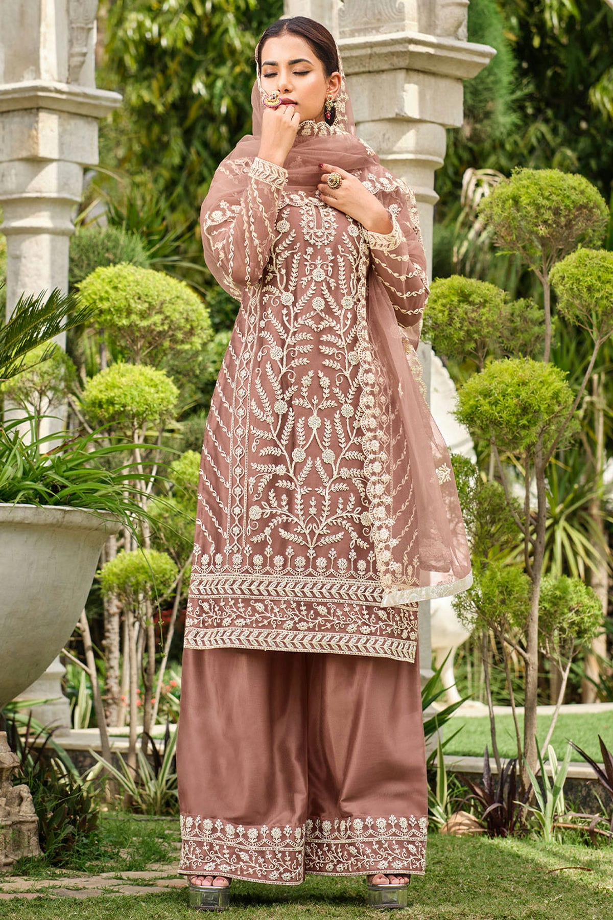 Mauve Colour Butterfly Net Palazzo Pant Suit