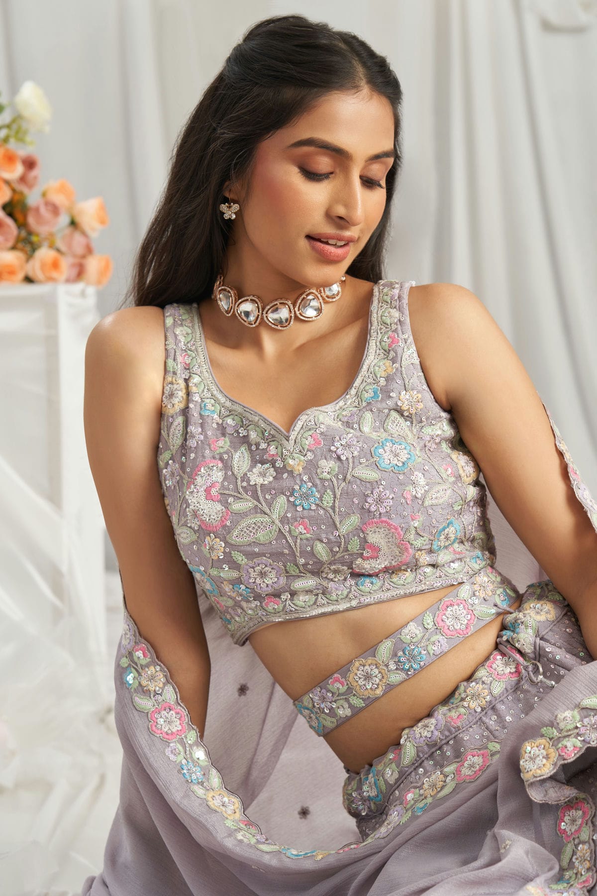 Mauve Colour Chiffon Embroidery Lehenga Choli