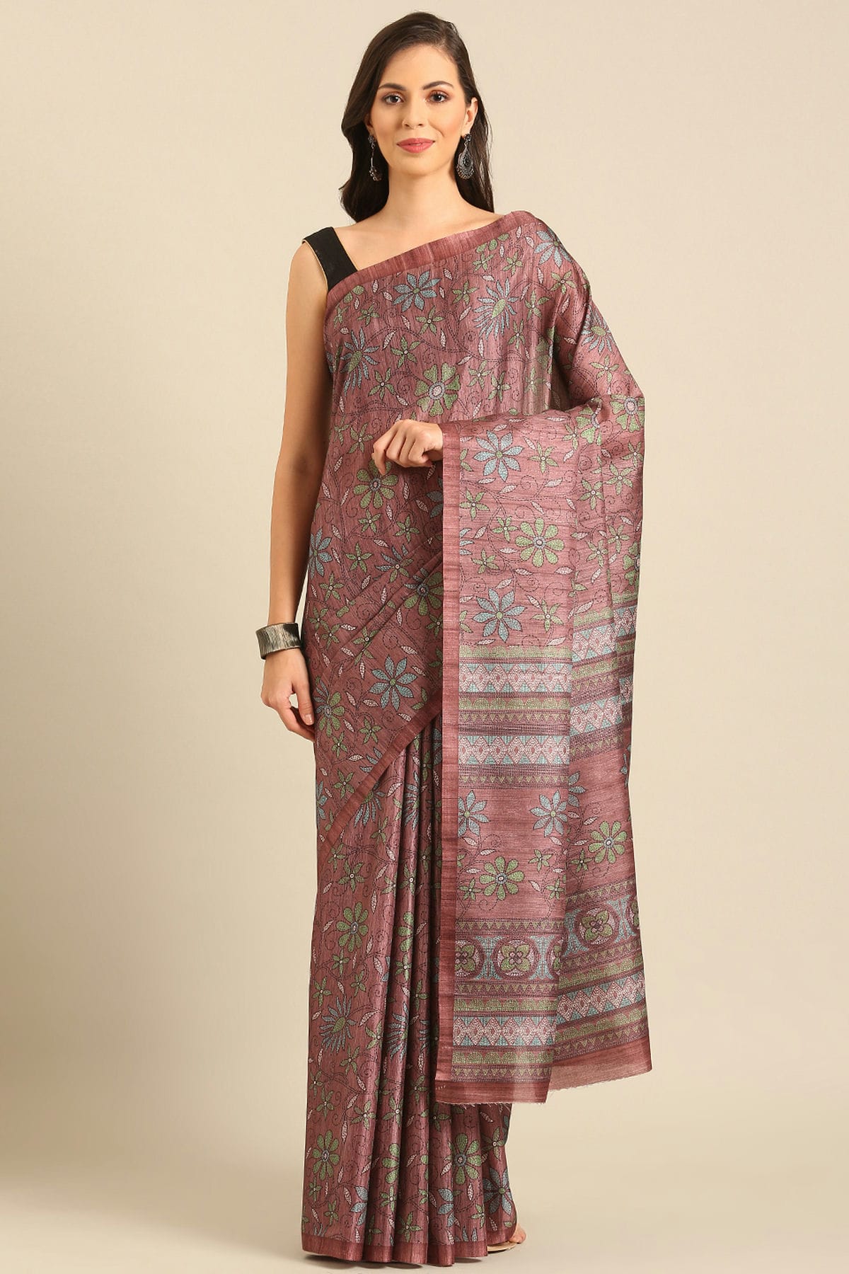 Mauve Colour Cotton Katha Handloom Silk Saree