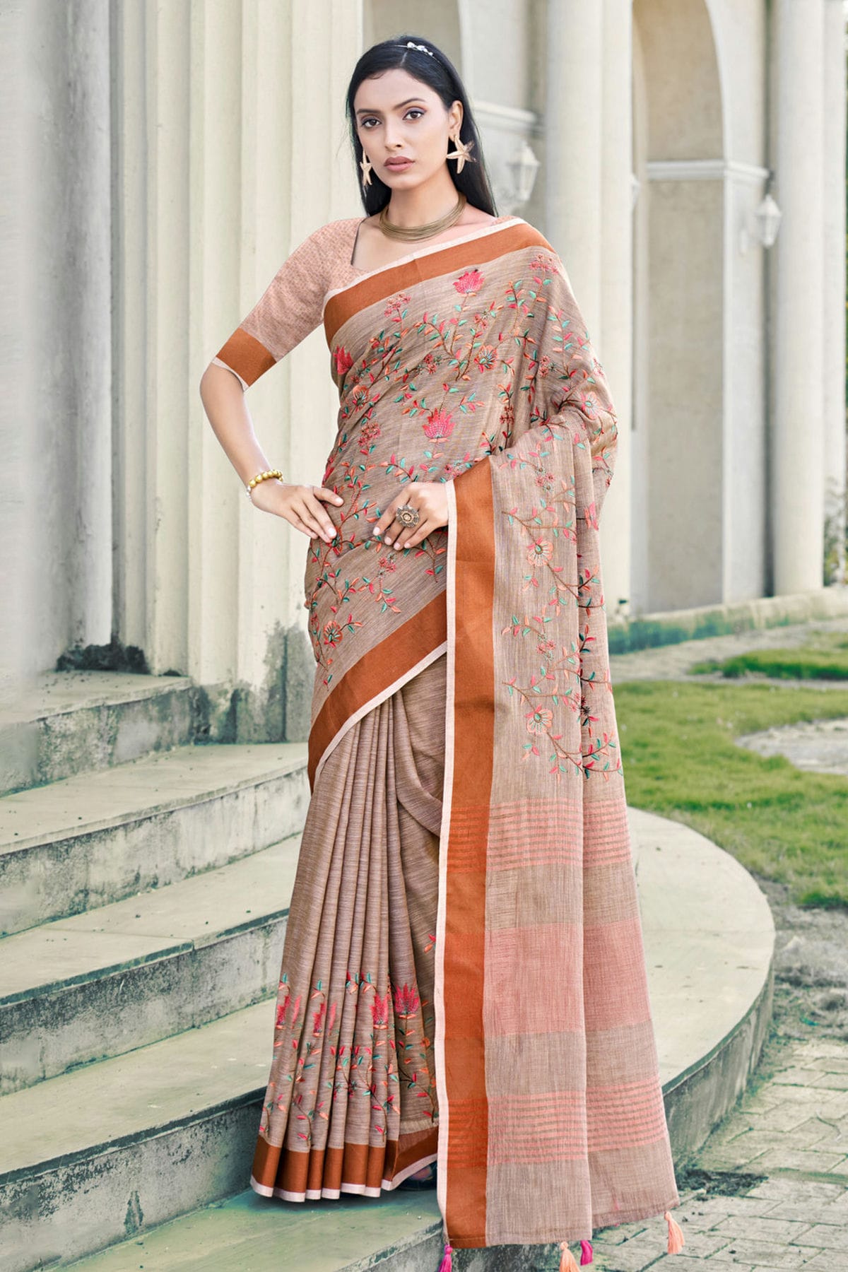 Mauve Colour Embroidery Work Linen Saree