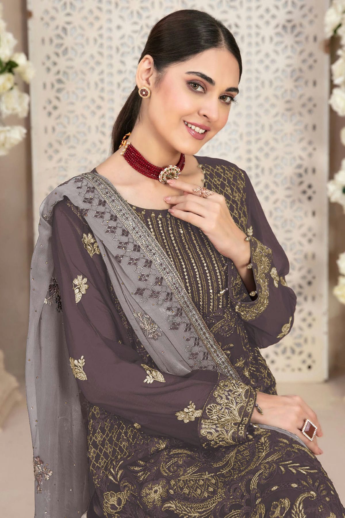 Mauve Colour Faux Georgette Pakistani Suit