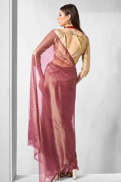 Mauve Colour Gold Tissue Net Designer Saree