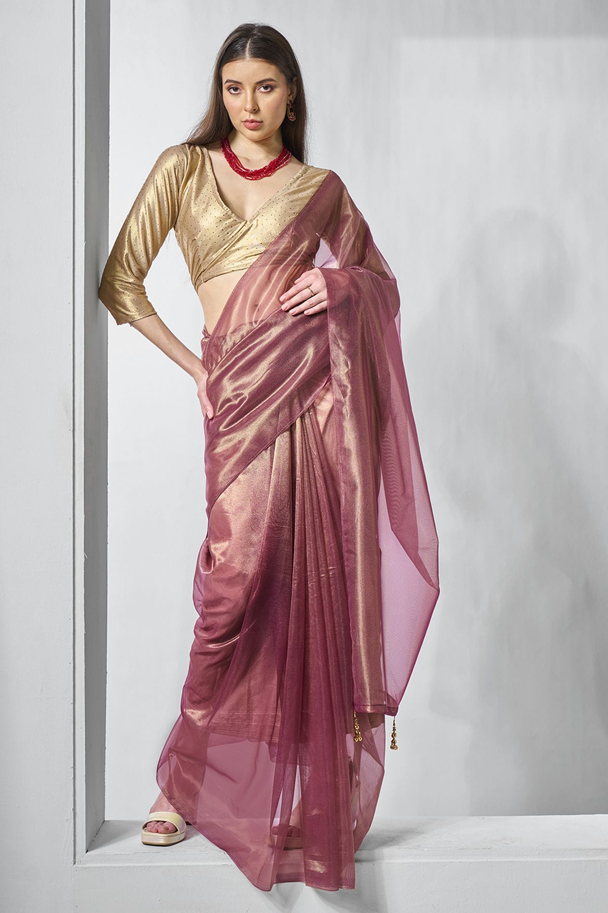 Mauve Colour Gold Tissue Net Designer Saree