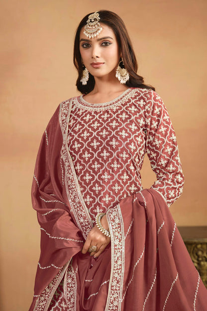 Mauve Colour Lehenga Suit Chinon Semi Stitched