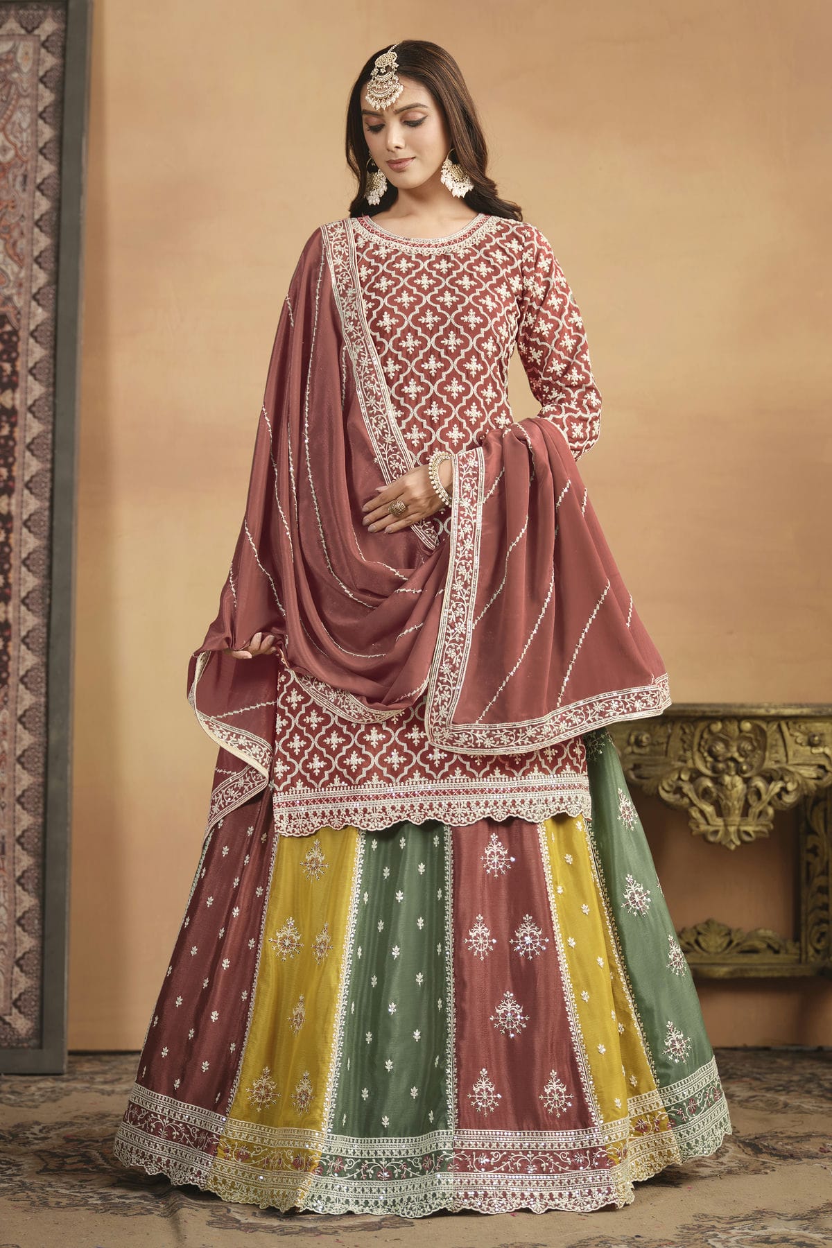 Mauve Colour Lehenga Suit Chinon Semi Stitched