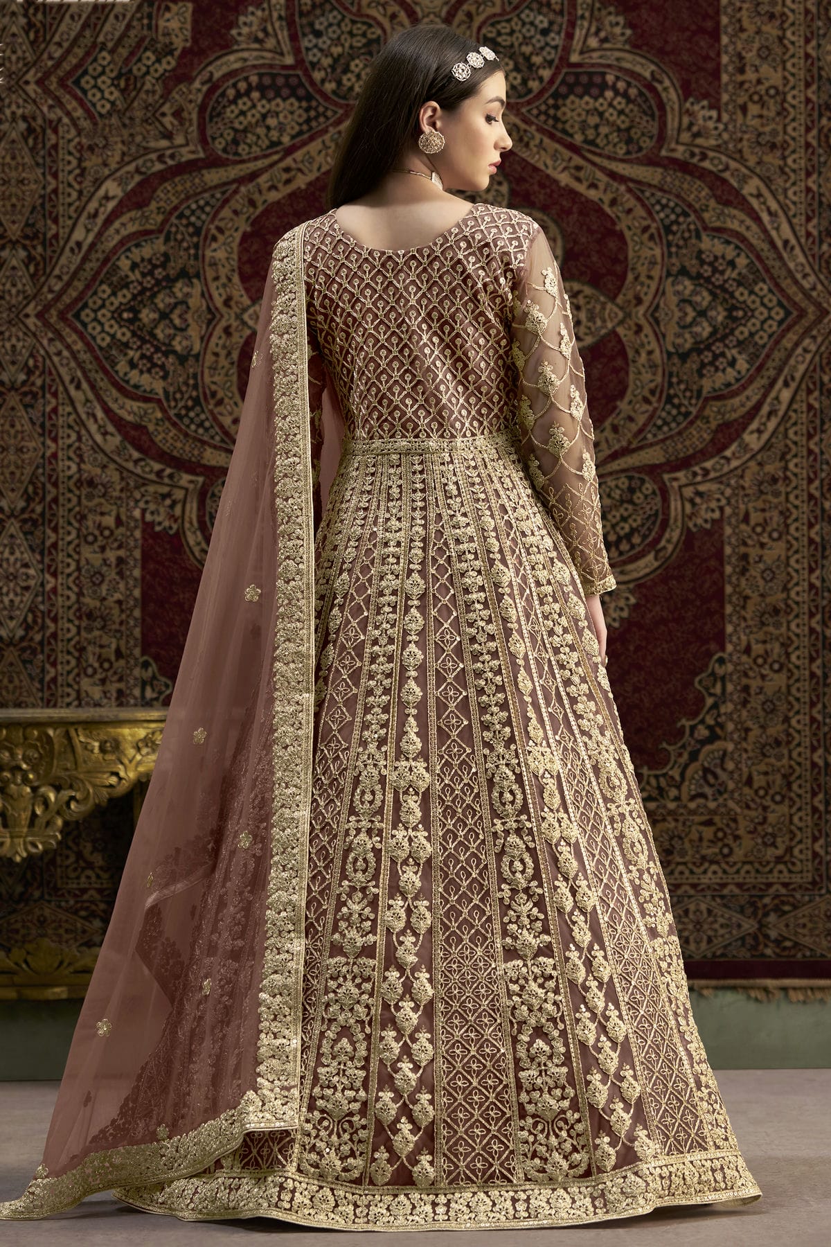 Mauve Colour Net Semi Stitched Anarkali Suit