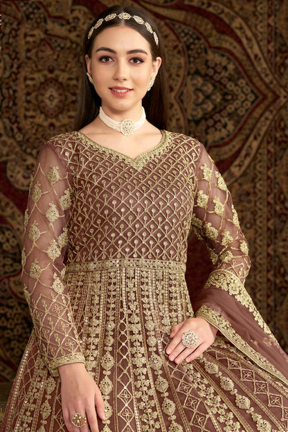 Mauve Colour Net Semi Stitched Anarkali Suit