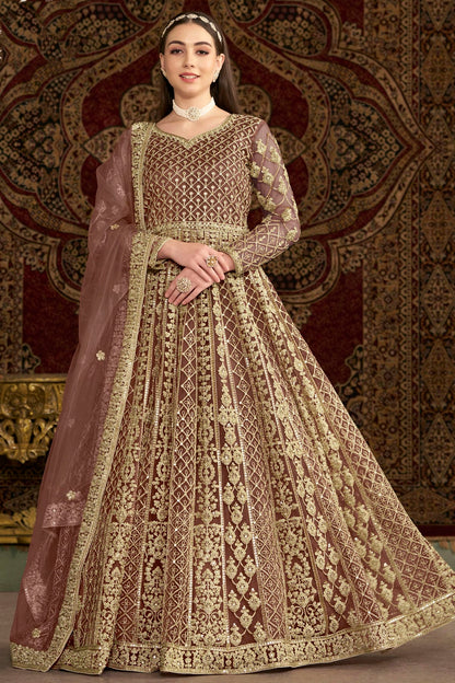 Mauve Colour Net Semi Stitched Anarkali Suit