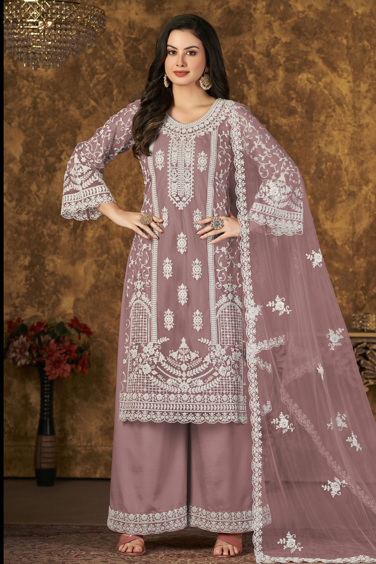 Mauve Colour Plazoo Pant Suit Net Semi Stitched