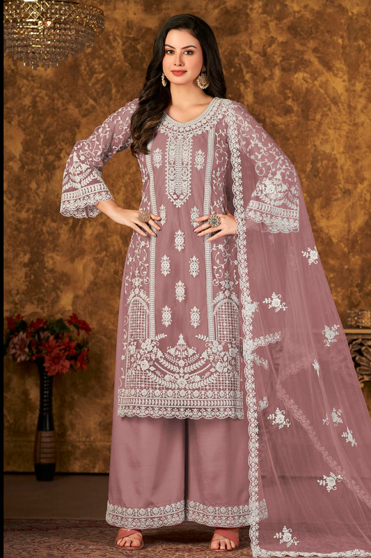 Mauve Colour Plazoo Pant Suit Net Semi Stitched