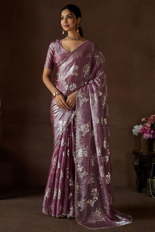 Mauve Colour Satin Silk Designer Saree