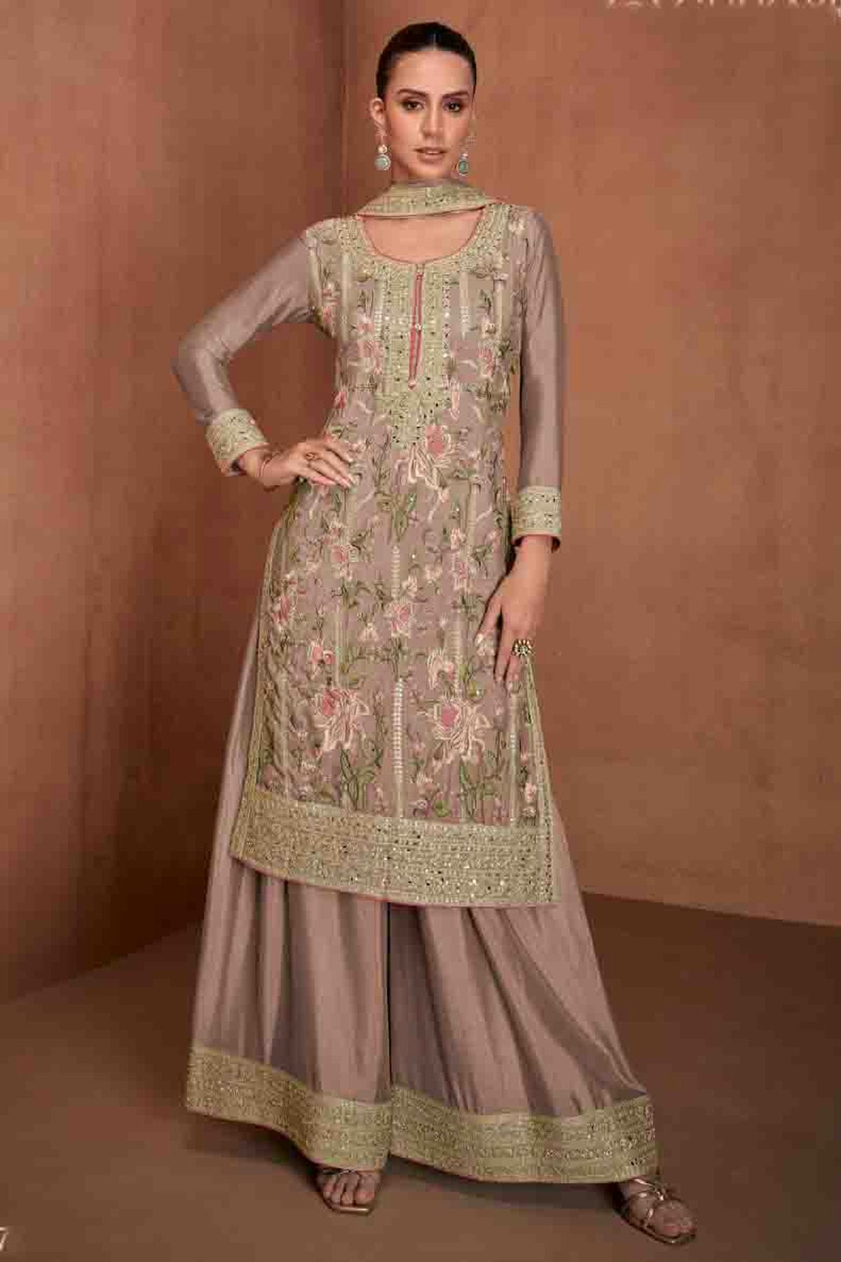 Mauve Colour Semi Stitched Chinon Palazzo Pant Suit VSSM1140652