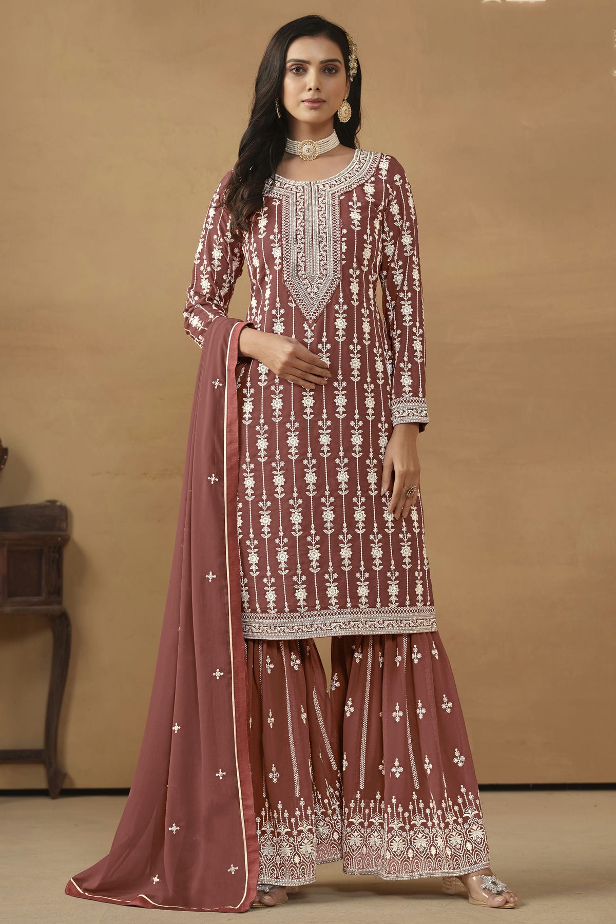 Mauve Colour Semi Stitched Faux Georgette Sharara Suit