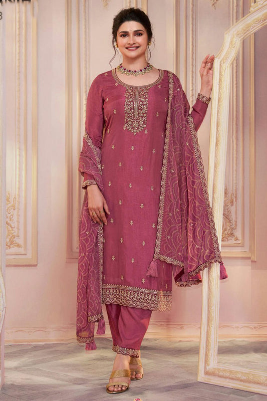 Mauve Colour Semi Stitched Silk Georgette Pant Style Suit