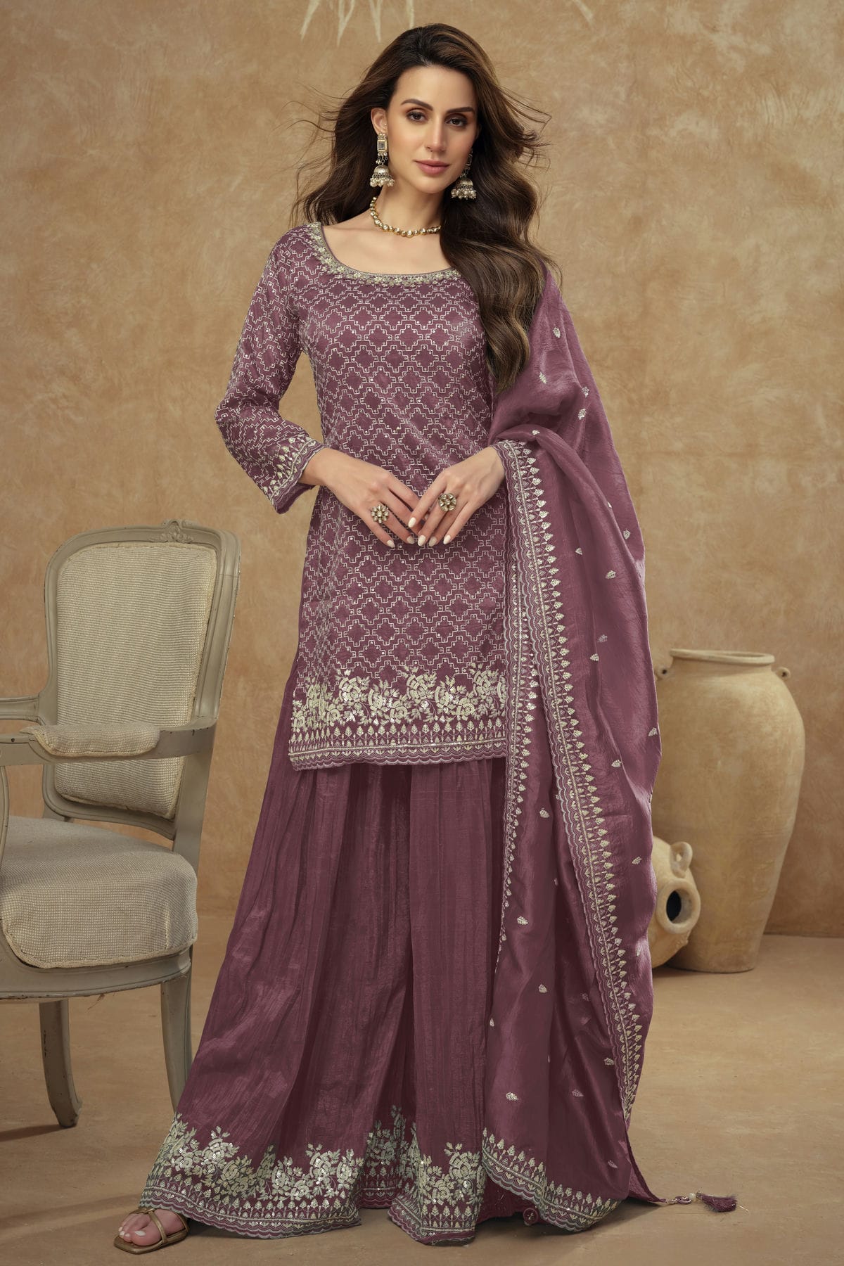 Mauve Colour Silk Palazzo Pant Suit