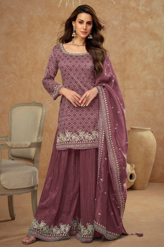 Mauve Colour Silk Palazzo Pant Suit