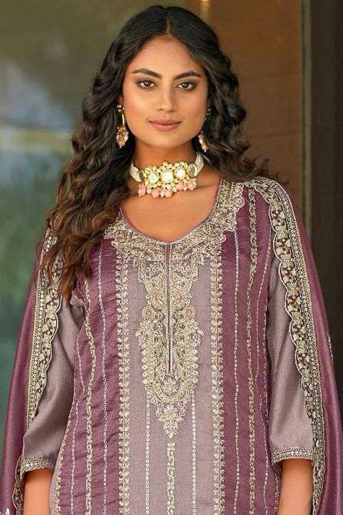 Mauve Colour Vichitra Silk Straight Suit