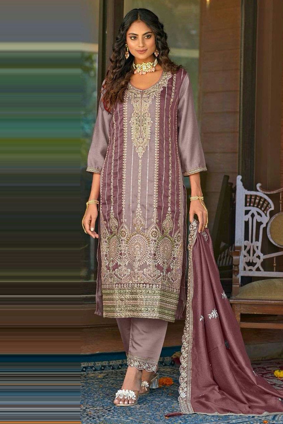 Mauve Colour Vichitra Silk Straight Suit