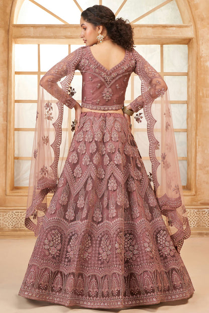 Mauve Embroidery Net and SilK Lehenga Choli