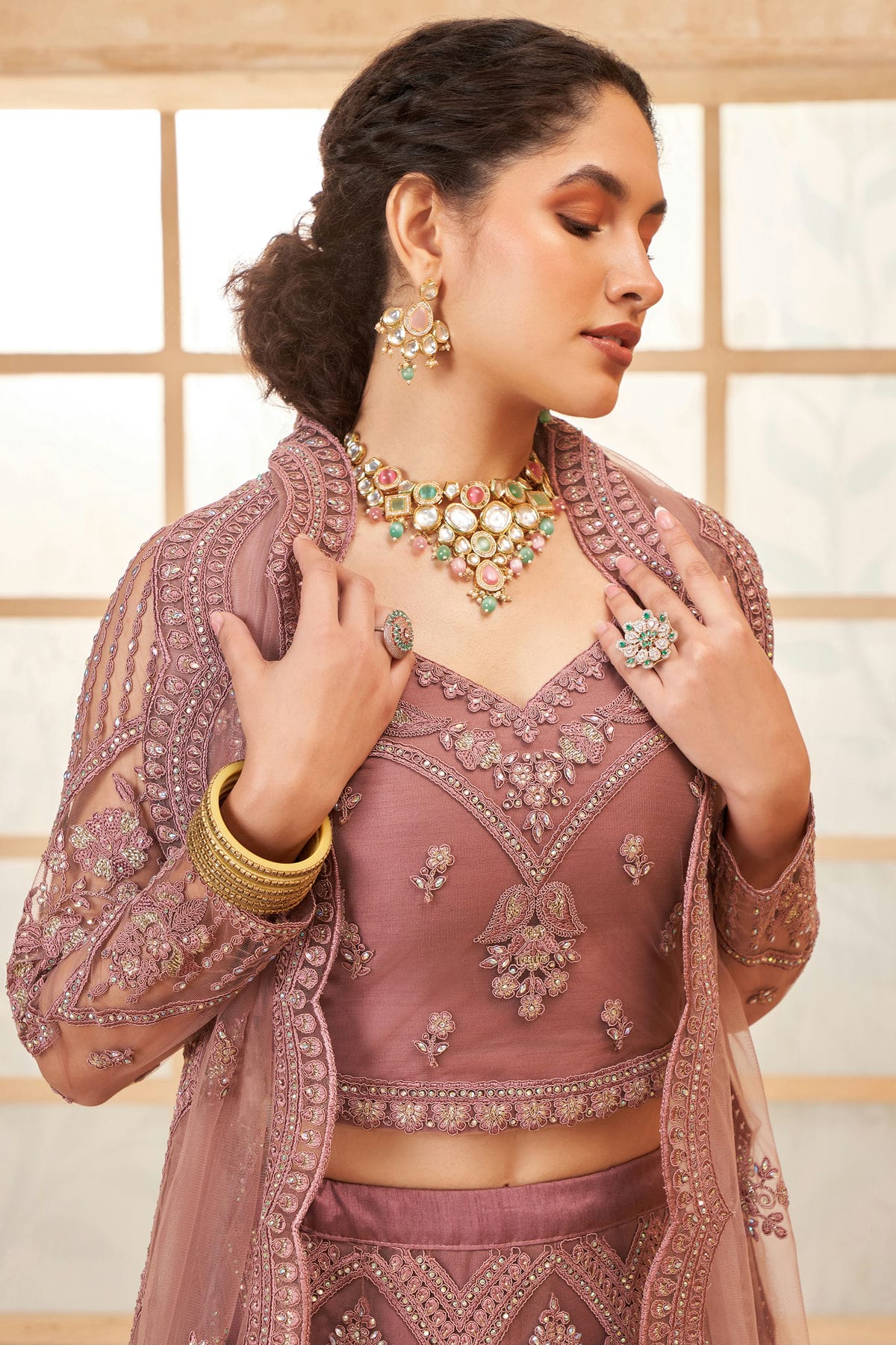 Mauve Embroidery Net and SilK Lehenga Choli