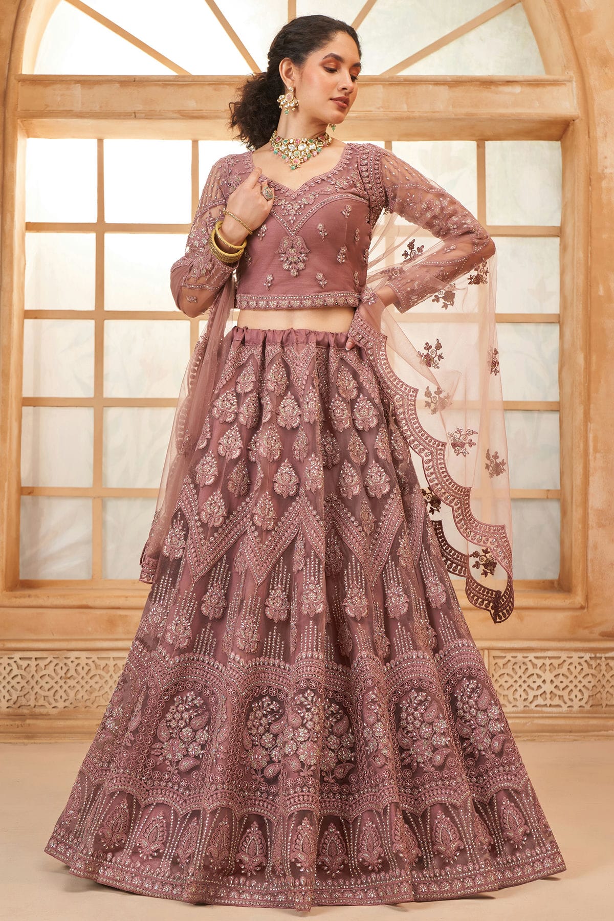 Mauve Embroidery Net and SilK Lehenga Choli