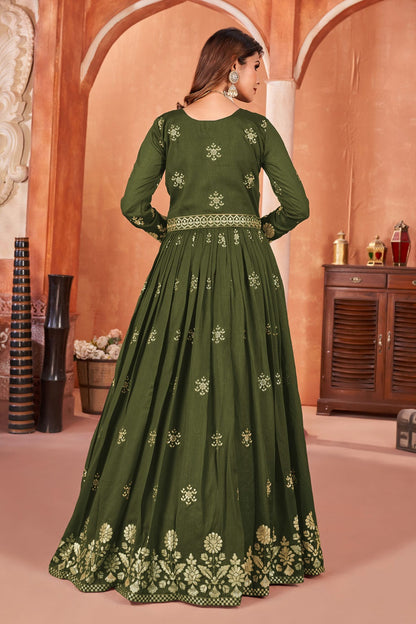 Mehendi Green Colour Anarkali Suit Art Silk Semi Stitched