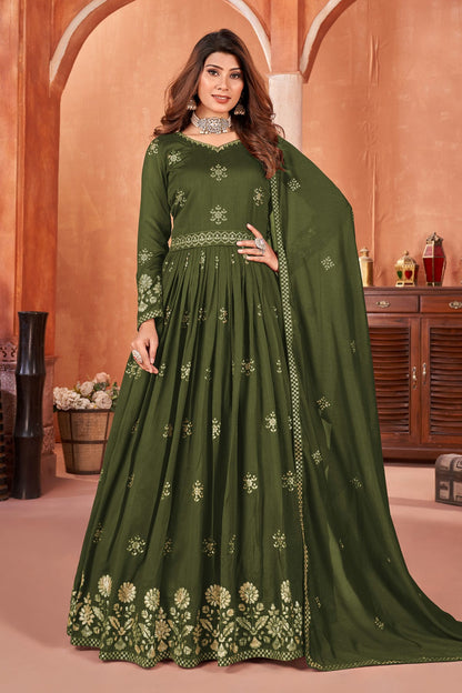 Mehendi Green Colour Anarkali Suit Art Silk Semi Stitched