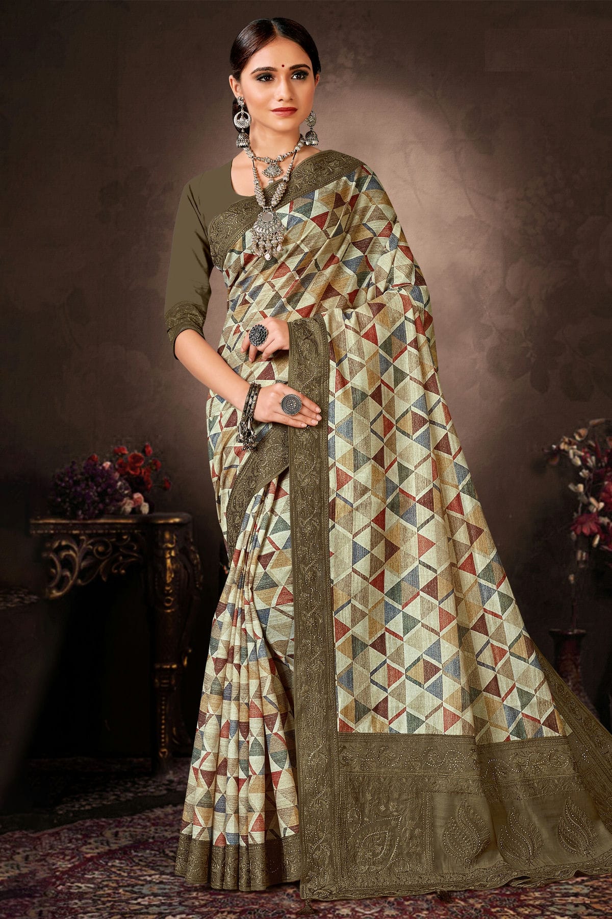 Mehendi Green Colour Chanderi Silk Printed Saree