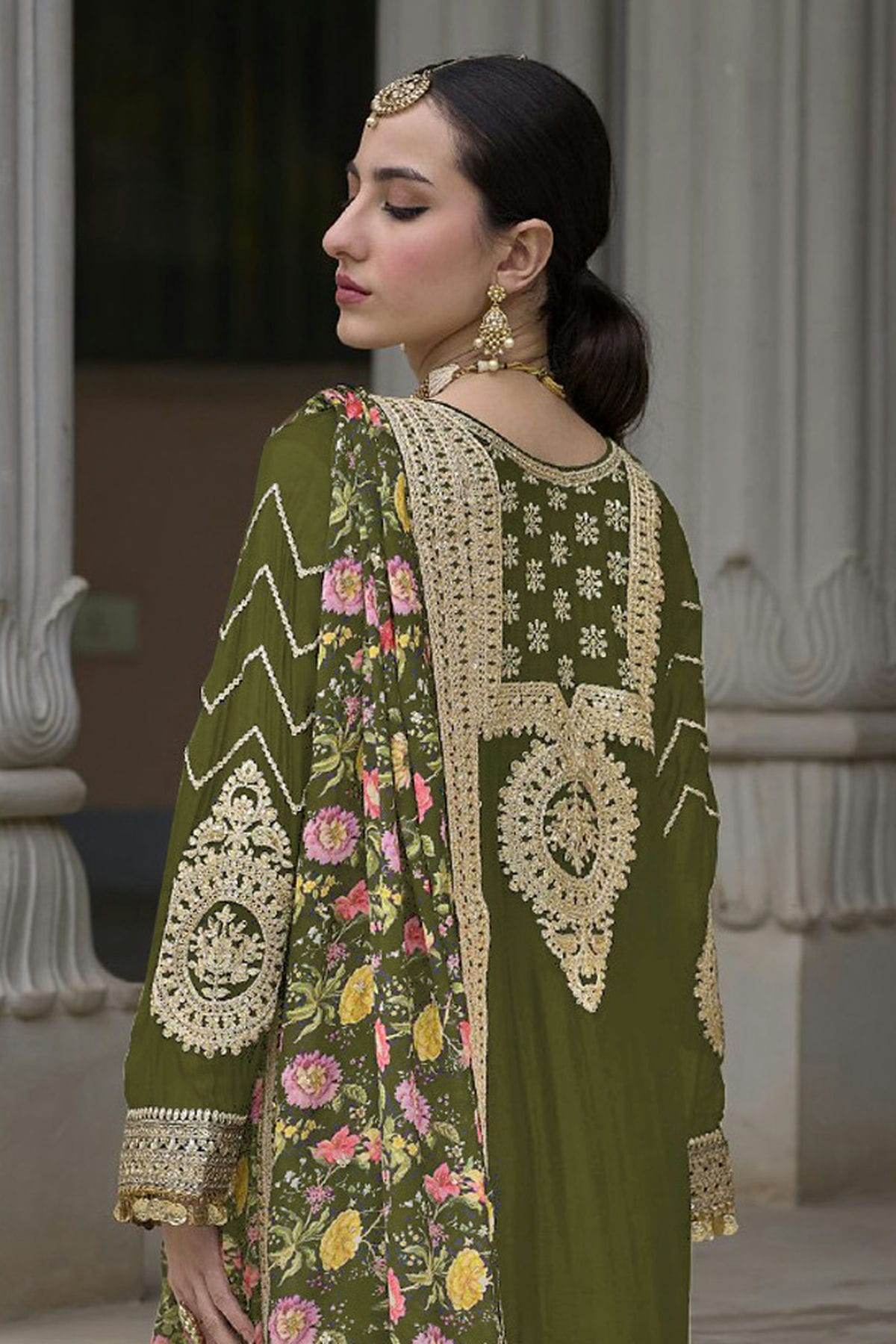 Mehendi Green Colour Chinon Palazzo Pant Suit