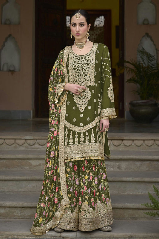 Mehendi Green Colour Chinon Palazzo Pant Suit