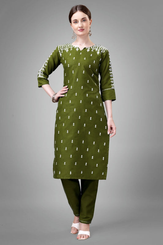 Mehendi Green Colour Cotton Blend Kurta And Pant Set