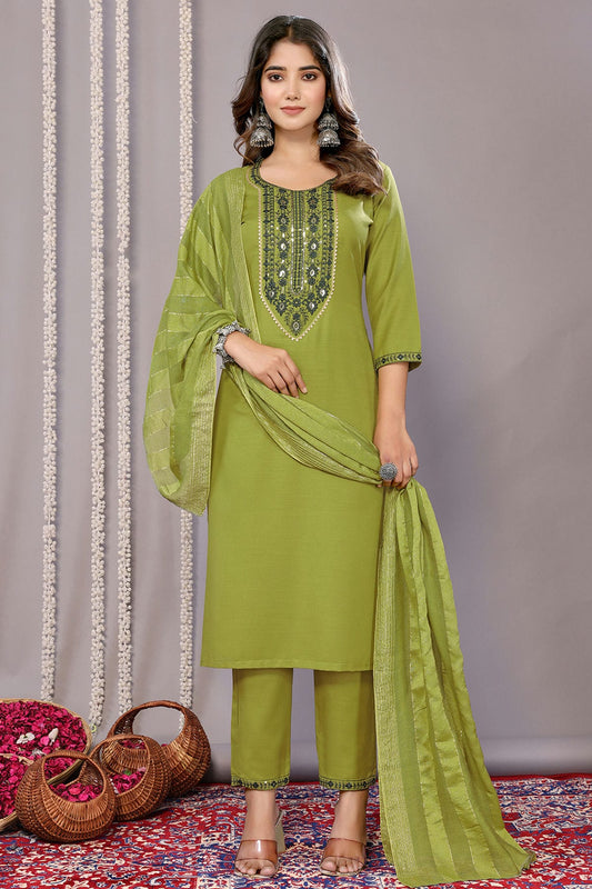 Mehendi Green Colour Cotton Blend Stitched Suit