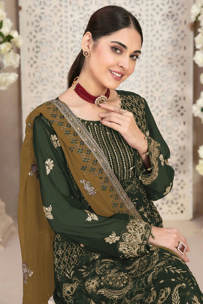 Mehendi Green Colour Faux Georgette Pakistani Suit