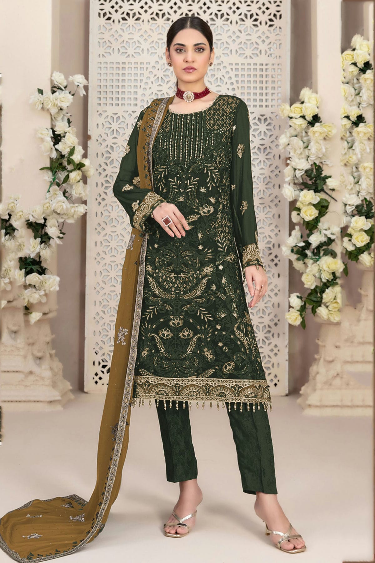 Mehendi Green Colour Faux Georgette Pakistani Suit