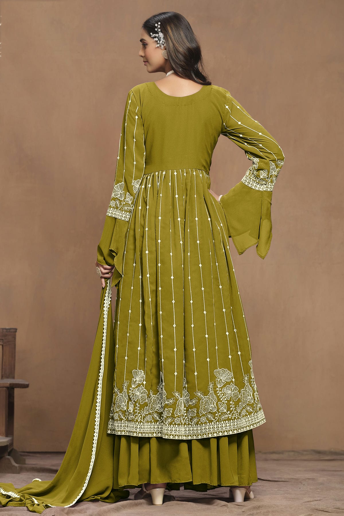 Mehendi Green Colour Faux Georgette Semi Stitched Sharara Suit