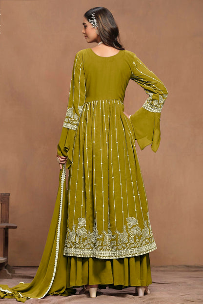 Mehendi Green Colour Faux Georgette Semi Stitched Sharara Suit