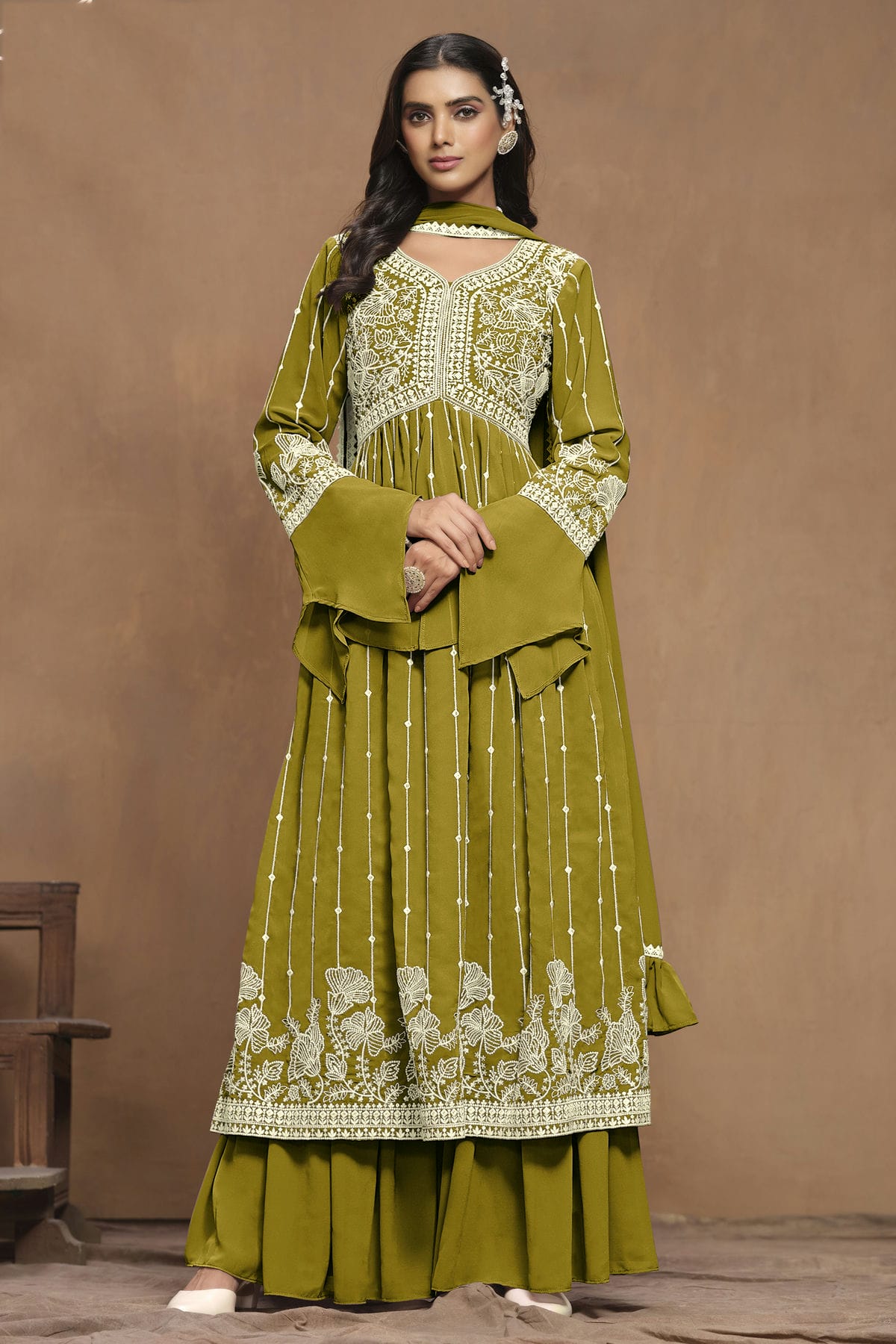 Mehendi Green Colour Faux Georgette Semi Stitched Sharara Suit