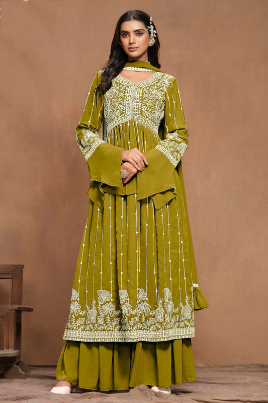 Mehendi Green Colour Faux Georgette Semi Stitched Sharara Suit