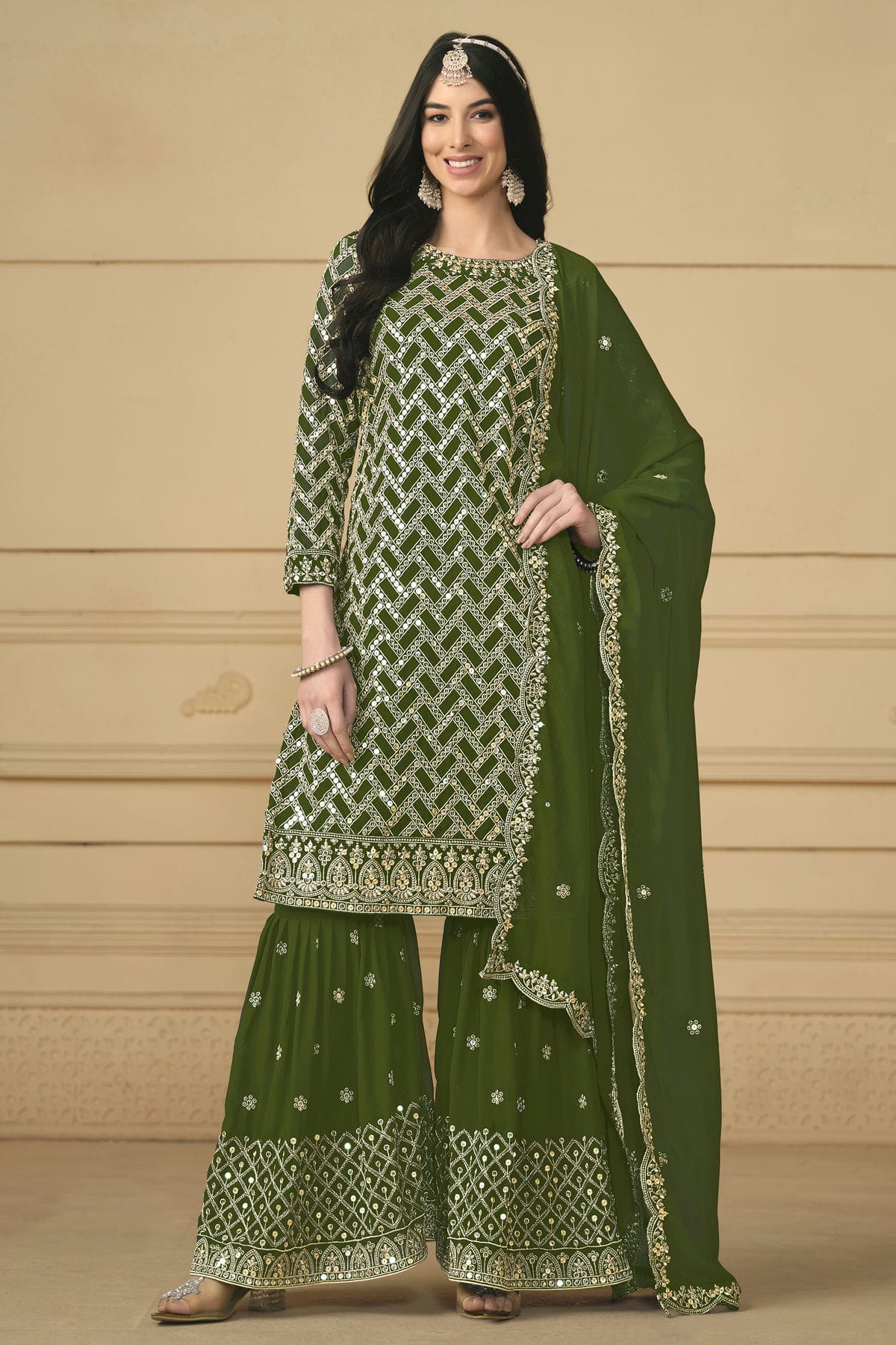 Mehendi Green Colour Faux Georgette Sharara Suit