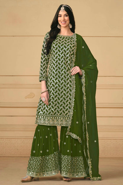 Mehendi Green Colour Faux Georgette Sharara Suit